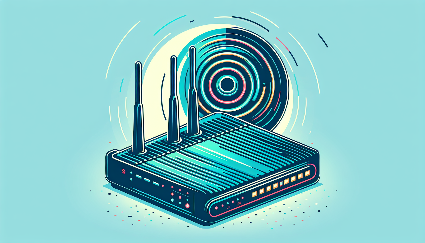 Two stylised routers side by side: Wi-Fi 6 on the left with teal signal rings, Wi-Fi 7 on the right with amber-violet signal rings